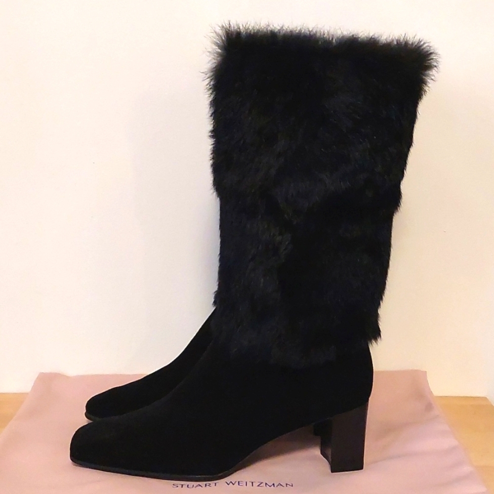 Stuart weitzman real fur calf black suede heeled boots